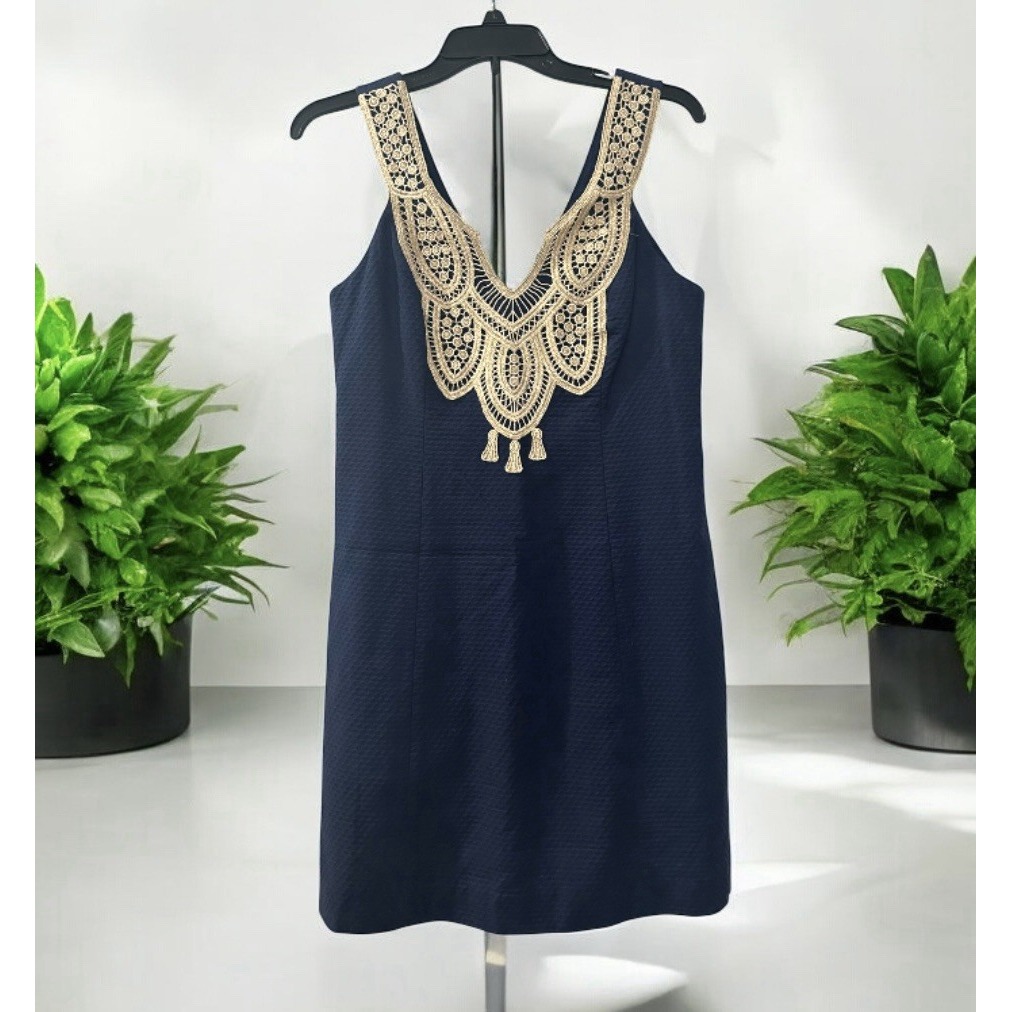New $198 Lilly Pulitzer Largo True Navy Gold Embroidered Shift Dress Nwt Size 4